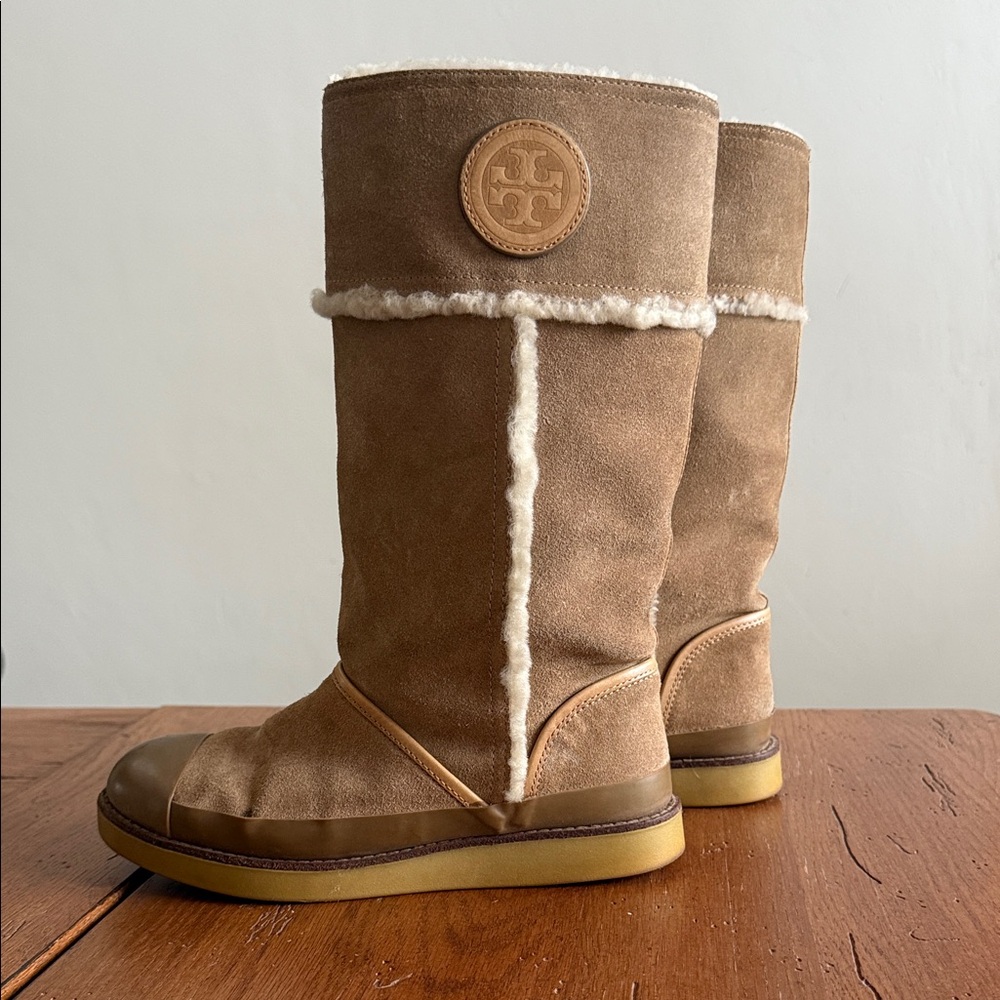 Tory Burch Brown Suede Boots Shearling Trim Cozy Cold Weather
